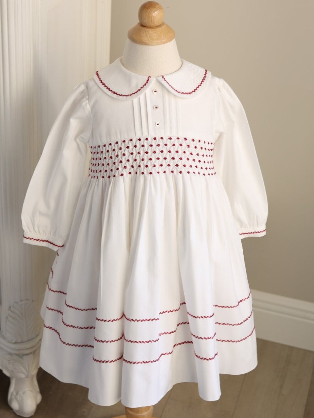 White Smocked Dress Long Sleeve Red Embroidery Sarah Louise PinTucks Size 2